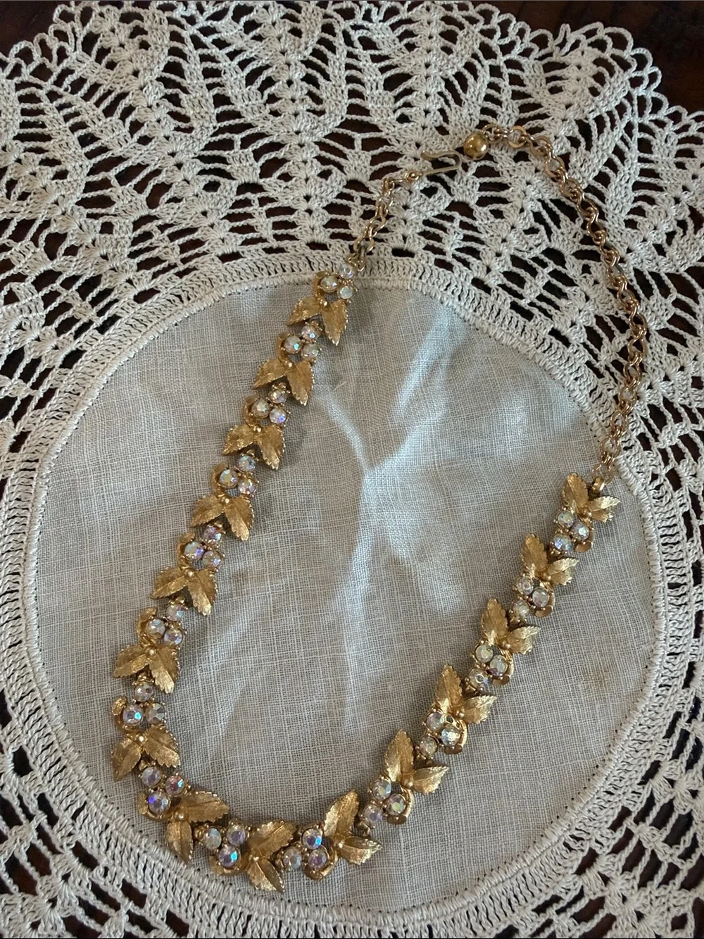 Vintage Charel Gold Tone Leaves & Floral Rhinestone Necklace